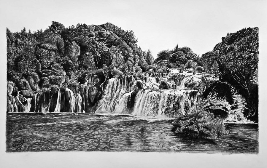 Kresba krajiny - vodopáda Krka Chorvatsko