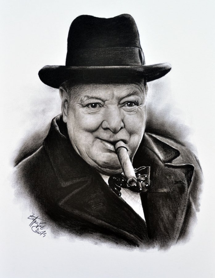 Kresba uhlem Winston Churchill